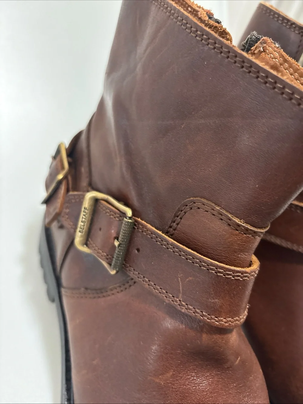 Mens Belstaff brown leather biker metal strap mid high boots size 9.5